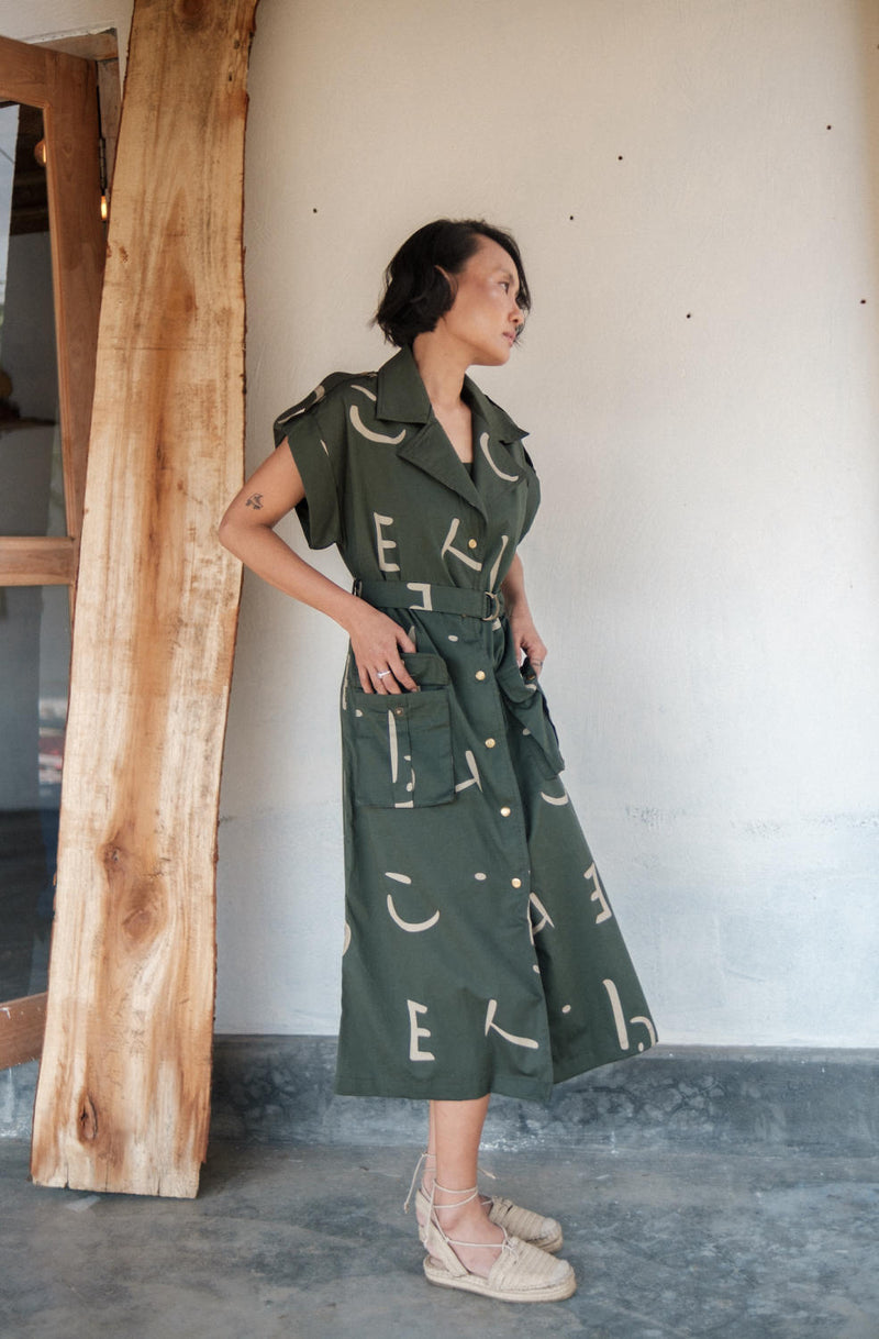 Harajuku Trench-Deep Green Line Printed cotton by The Terra Tribe in green color for women in Singapore