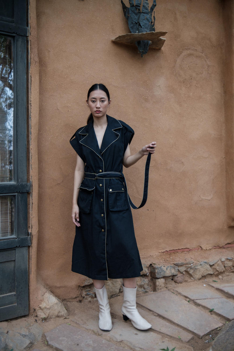 Harajuku Trench-Black cotton by The Terra Tribe in black color for women in Singapore