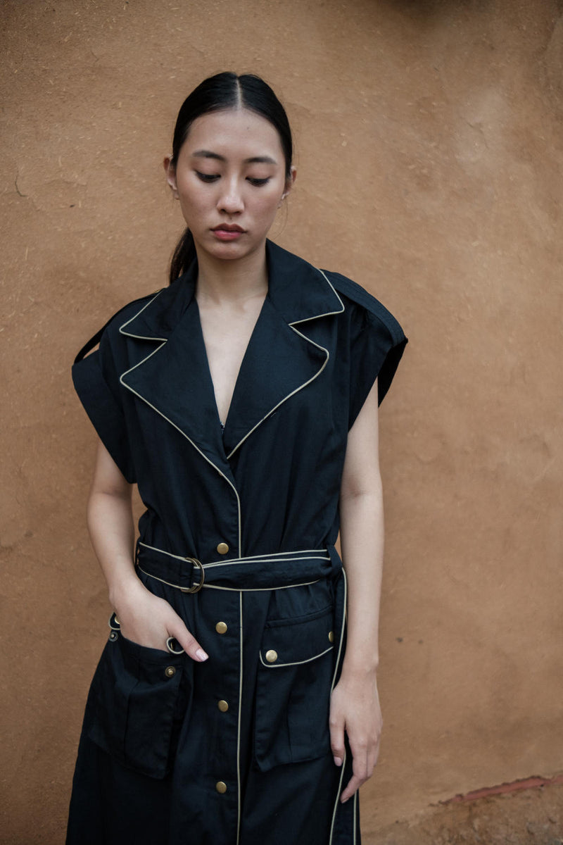 Harajuku Trench-Black cotton by The Terra Tribe in black color for women in Singapore
