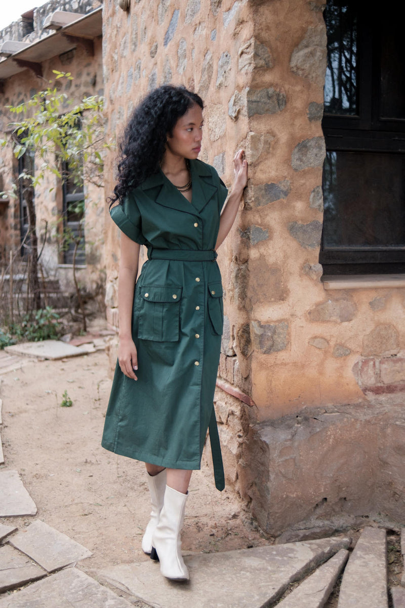 Harajuku Trench-Deep Green cotton by The Terra Tribe in green color for women in Singapore