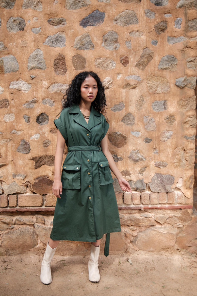 Harajuku Trench-Deep Green cotton by The Terra Tribe in green color for women in Singapore