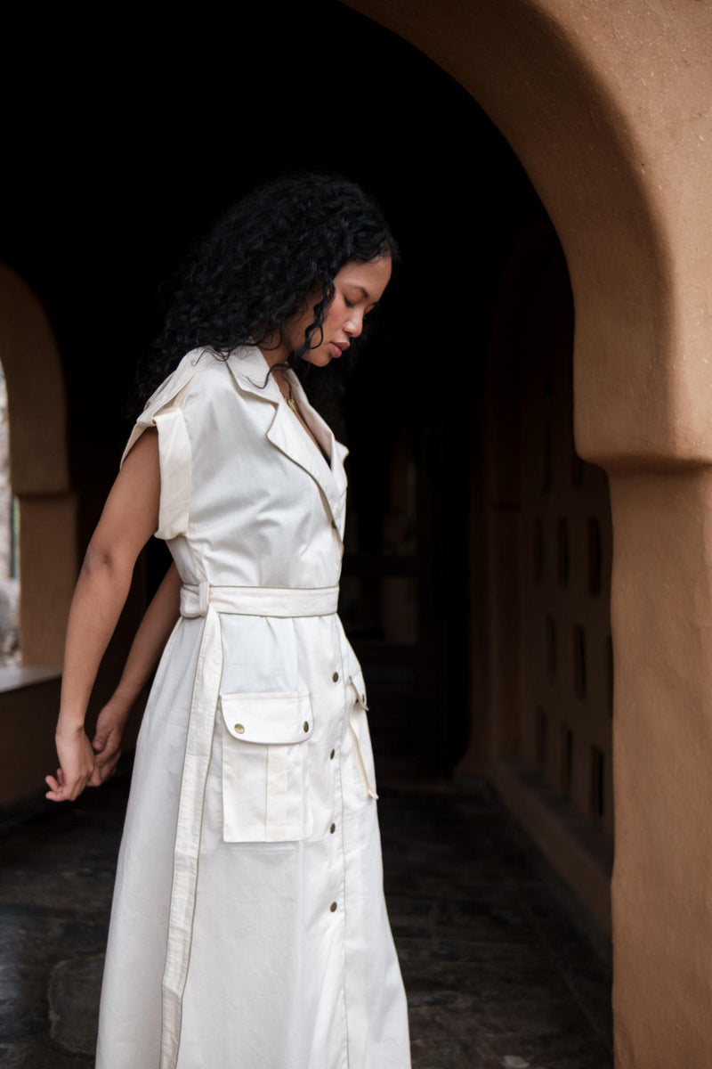 Harajuku Trench-Ecru cotton by The Terra Tribe in ecru color for women in Singapore