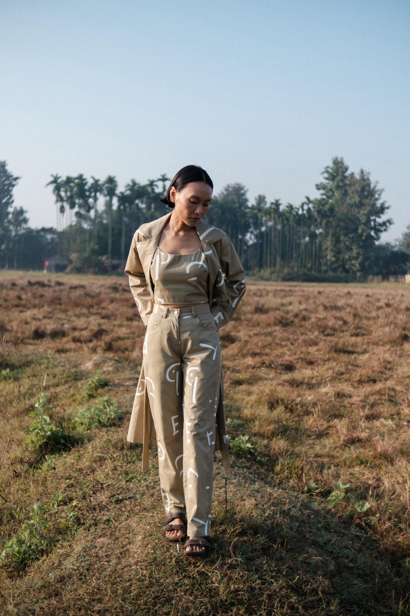 Copenhagen Trench-Khaki Line Printed cotton by The Terra Tribe for women in Singapore