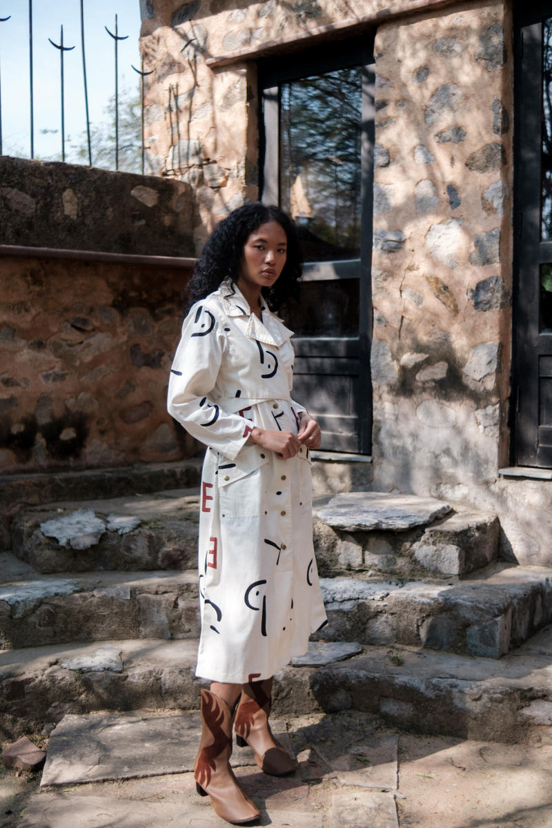 Copenhagen Trench-Ecru Line Printed cotton by The Terra Tribe in ecru color for women in Singapore
