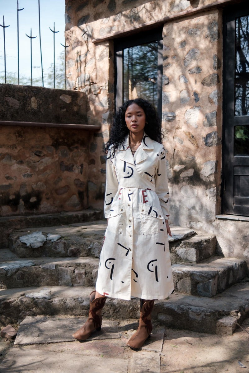 Copenhagen Trench-Ecru Line Printed cotton by The Terra Tribe in ecru color for women in Singapore