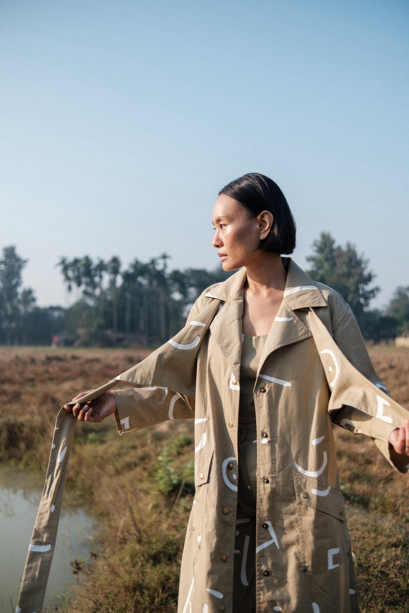 Copenhagen Trench-Khaki Line Printed cotton by The Terra Tribe for women in Singapore