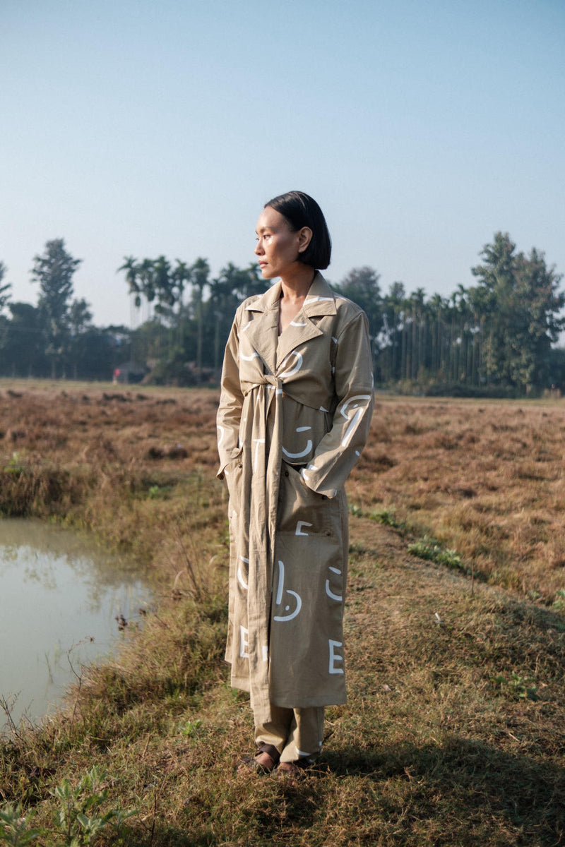 Copenhagen Trench-Khaki Line Printed cotton by The Terra Tribe for women in Singapore