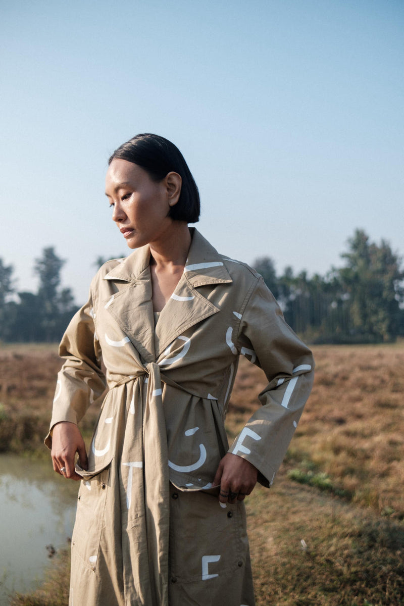 Copenhagen Trench-Khaki Line Printed cotton by The Terra Tribe for women in Singapore