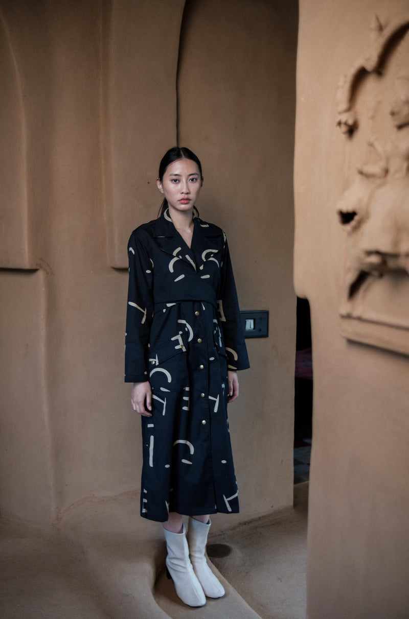Copenhagen Trench-Black Line Printed cotton by The Terra Tribe in black color for women in Singapore
