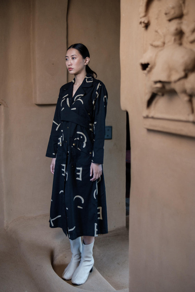 Copenhagen Trench-Black Line Printed cotton by The Terra Tribe in black color for women in Singapore