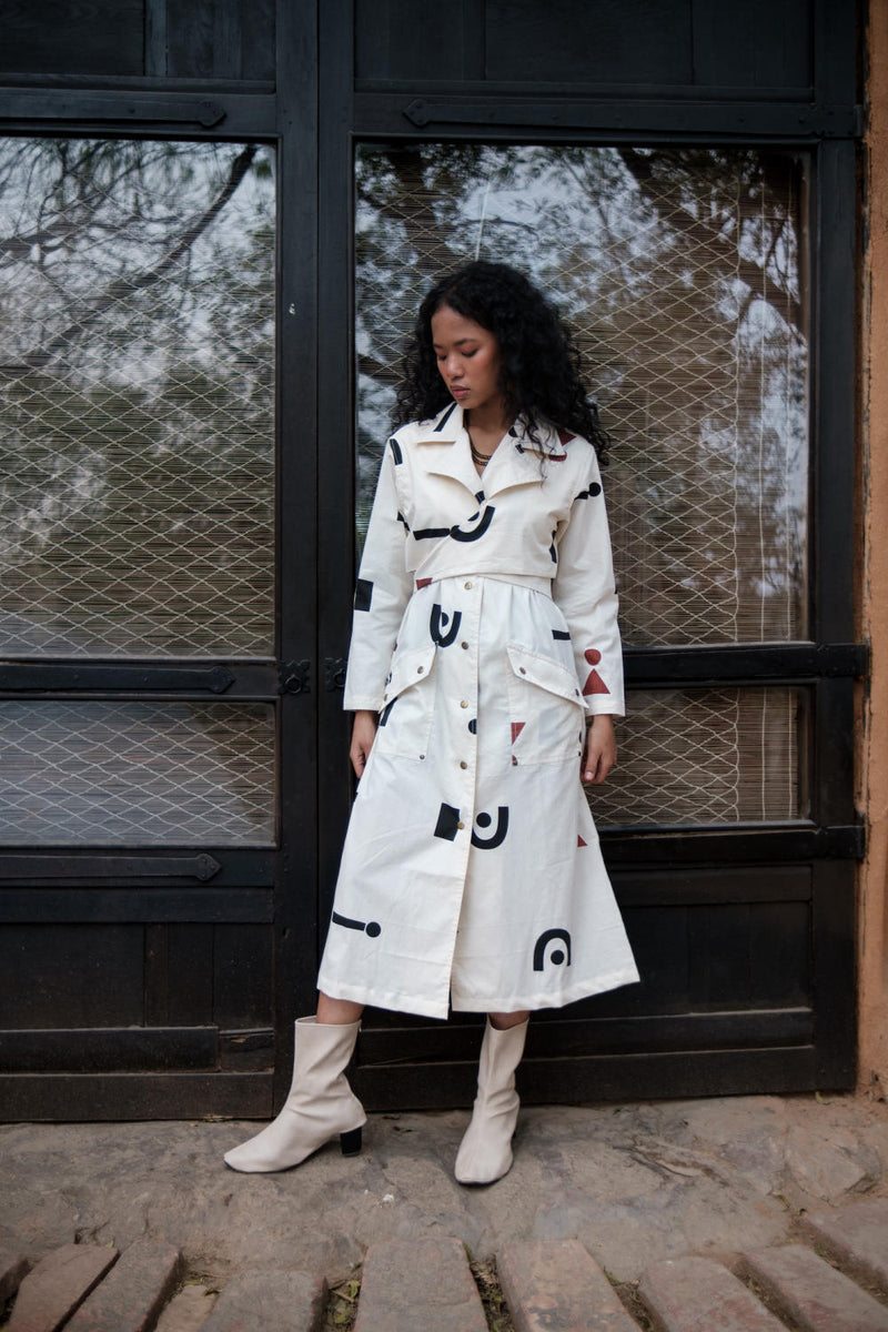 Copenhagen Trench-Ecru Triangle Printed cotton by The Terra Tribe in ecru color for women in Singapore
