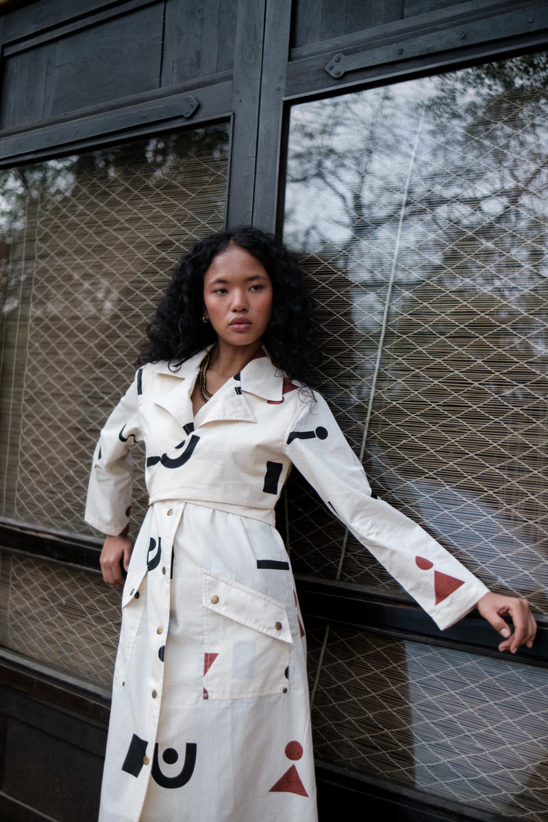 Copenhagen Trench-Ecru Triangle Printed cotton by The Terra Tribe in ecru color for women in Singapore