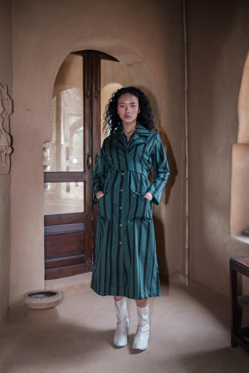 Copenhagen Trench-Deep Green Sripes cotton by The Terra Tribe in green color for women in Singapore