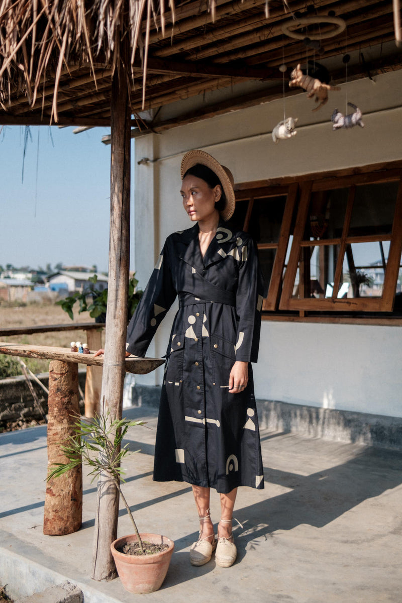 Copenhagen Trench-Black Triangle Printed cotton by The Terra Tribe in black color for women in Singapore