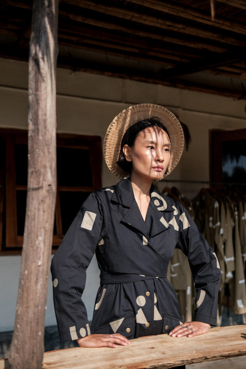Copenhagen Trench-Black Triangle Printed cotton by The Terra Tribe in black color for women in Singapore