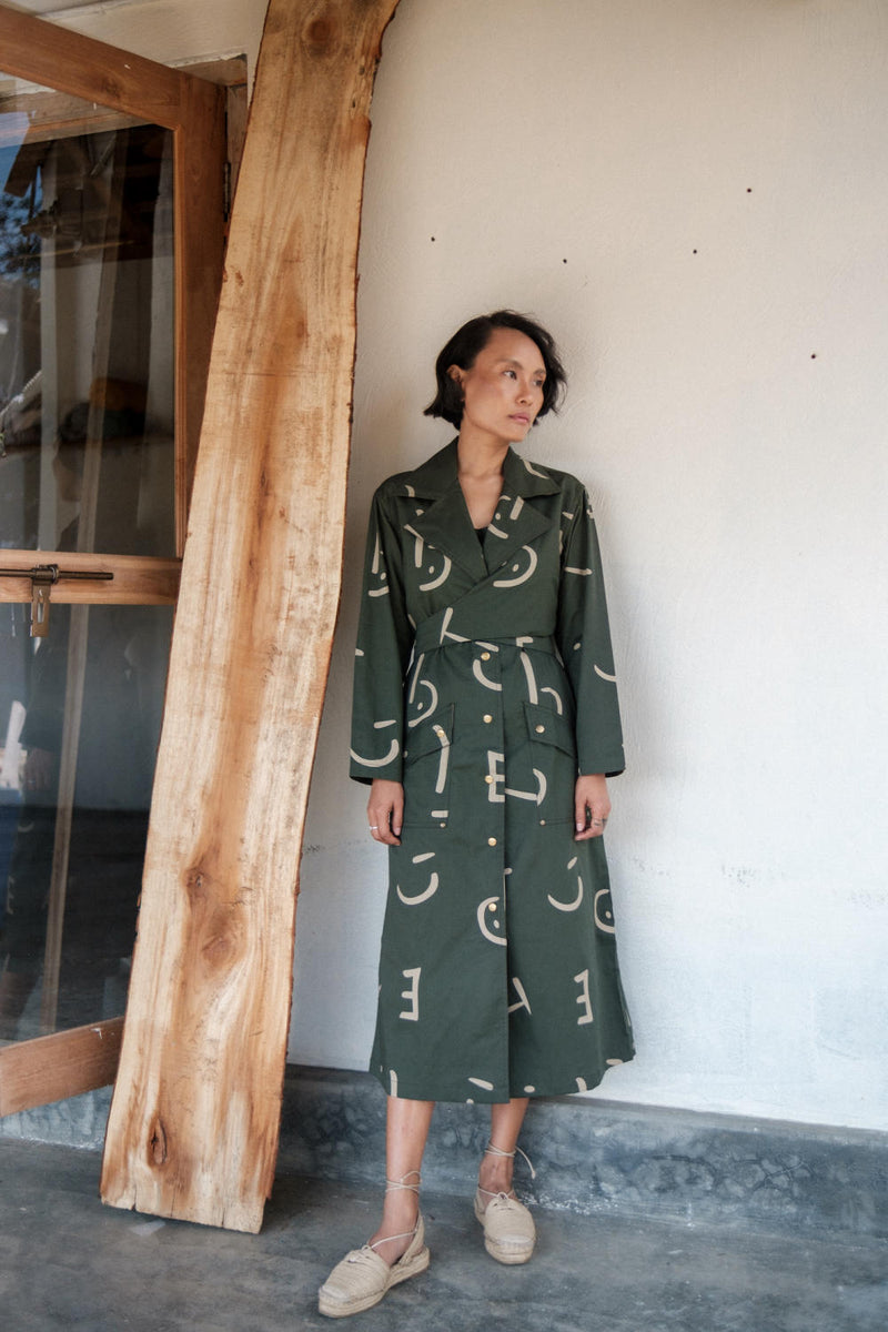 Copenhagen Trench-Deep Green Line Printed cotton by The Terra Tribe in green color for women in Singapore