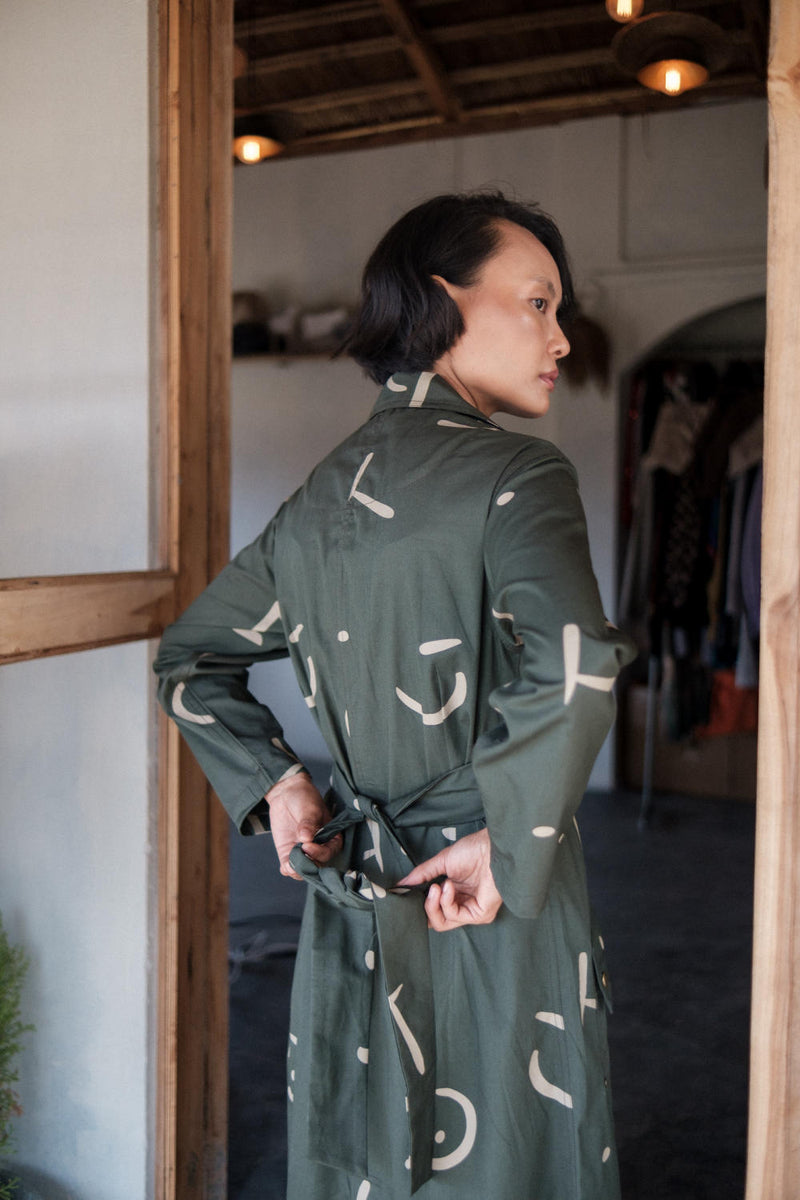 Copenhagen Trench-Deep Green Line Printed cotton by The Terra Tribe in green color for women in Singapore