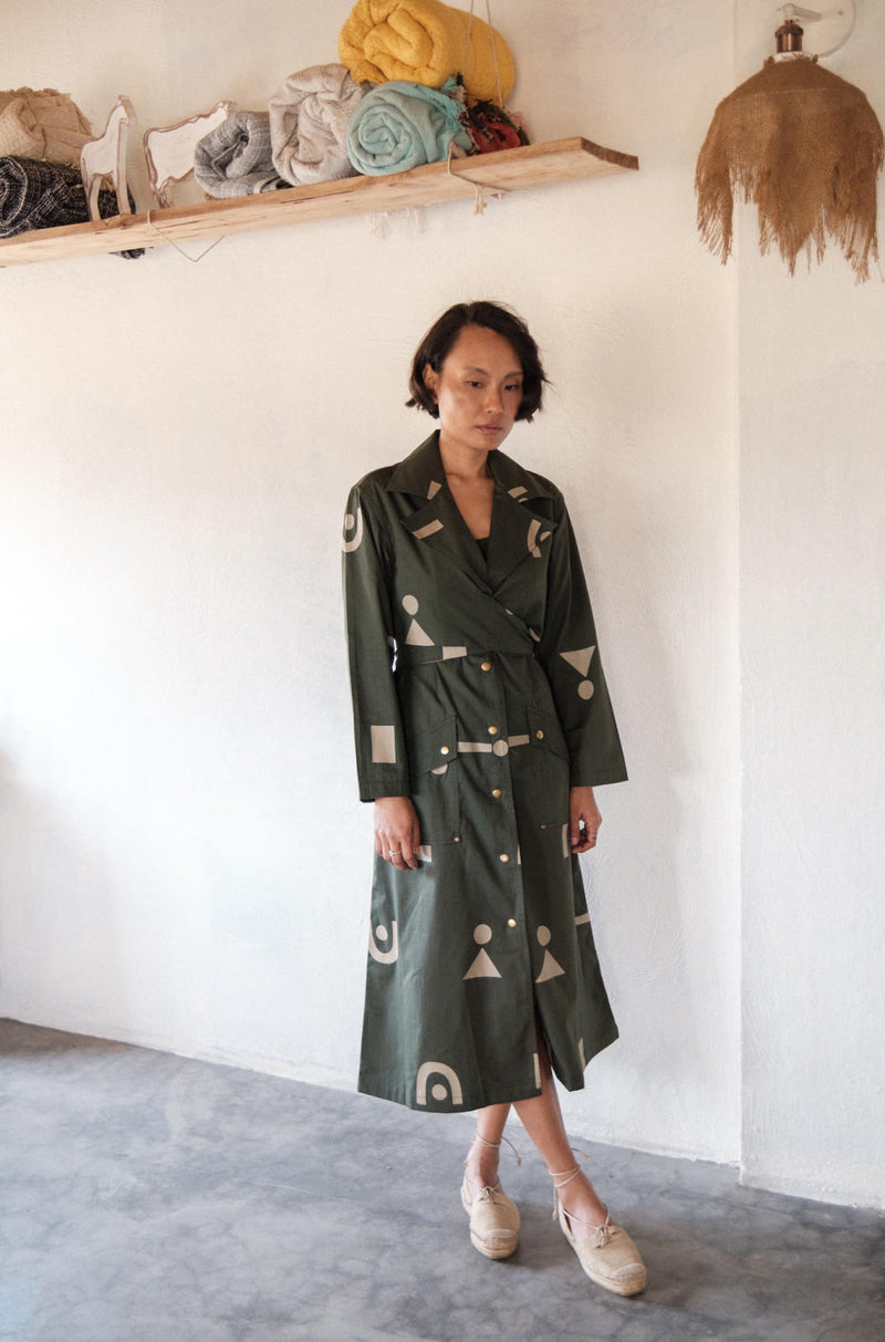 Copenhagen Trench-Deep Green Triangle Printed cotton by The Terra Tribe in green color for women in Singapore
