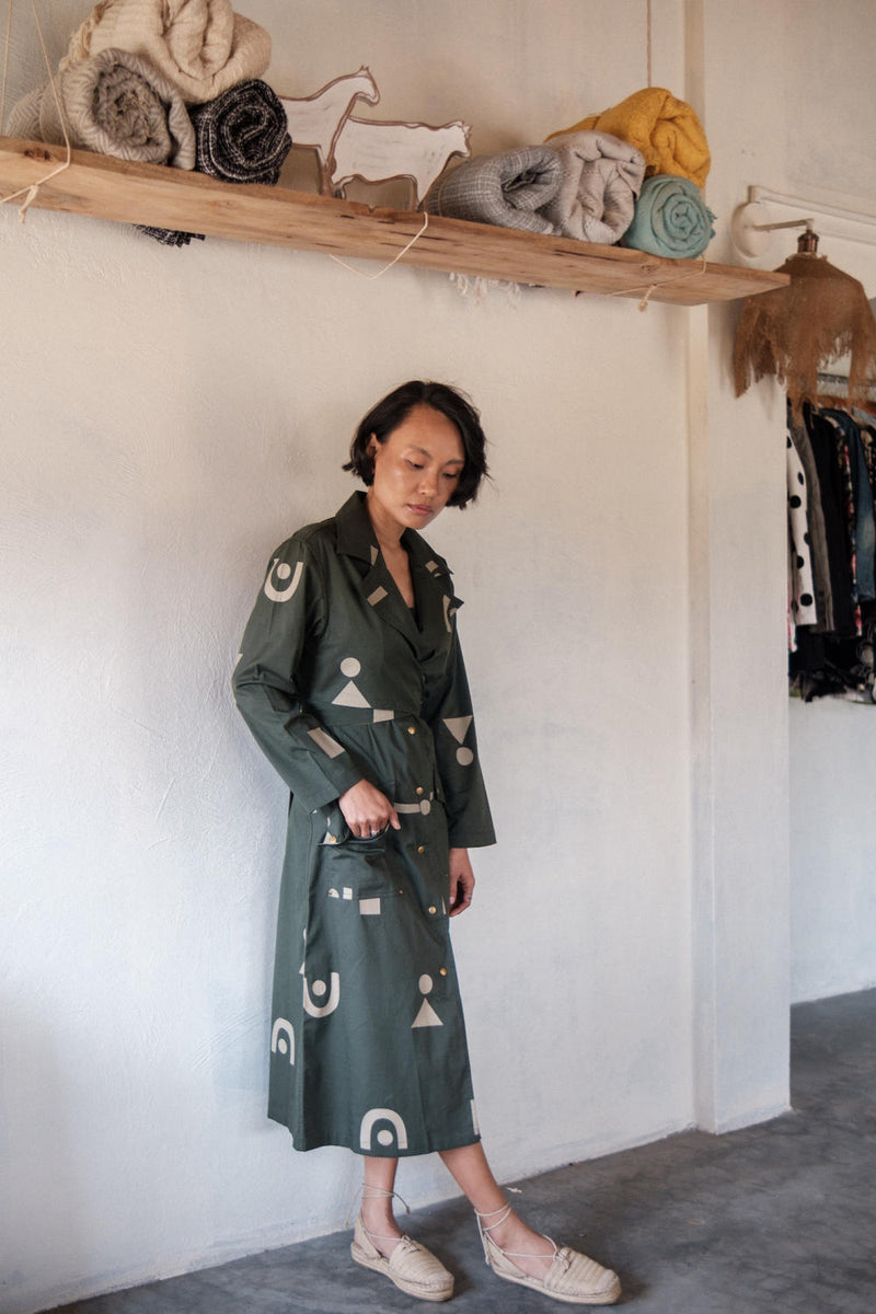 Copenhagen Trench-Deep Green Triangle Printed cotton by The Terra Tribe in green color for women in Singapore
