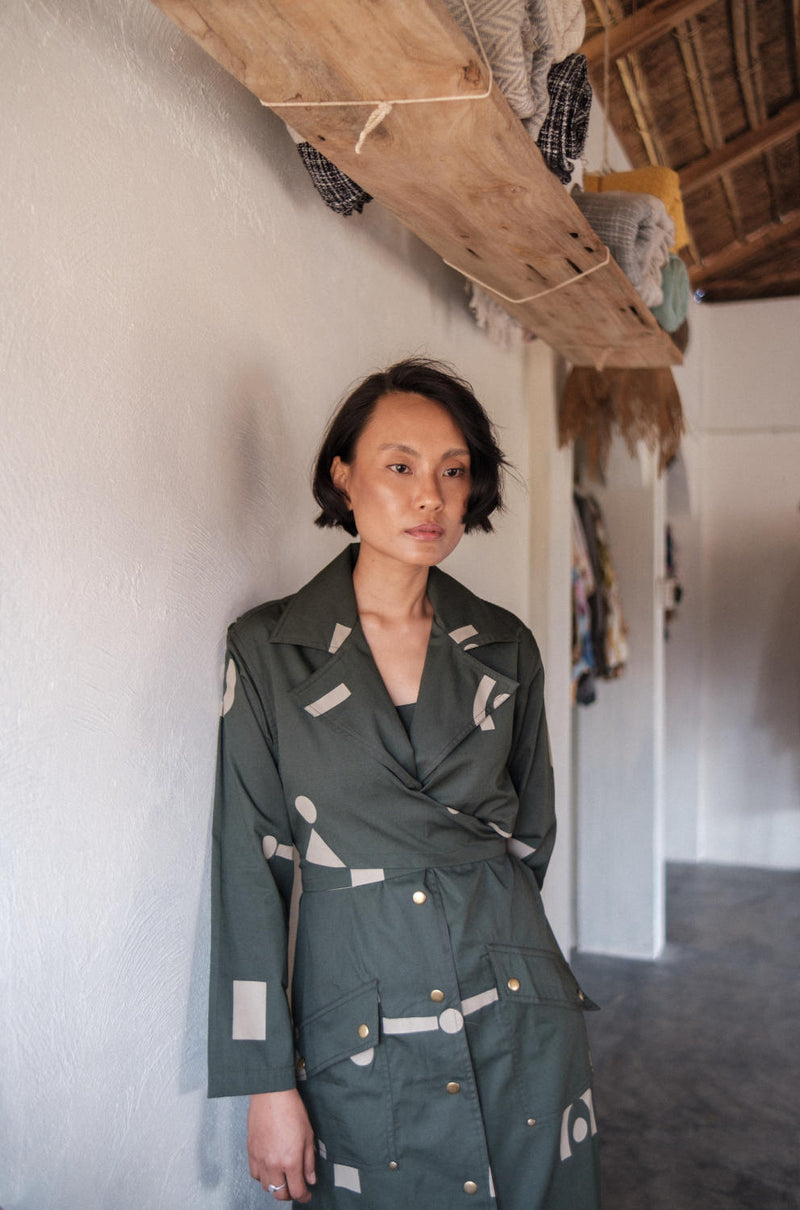 Copenhagen Trench-Deep Green Triangle Printed cotton by The Terra Tribe in green color for women in Singapore