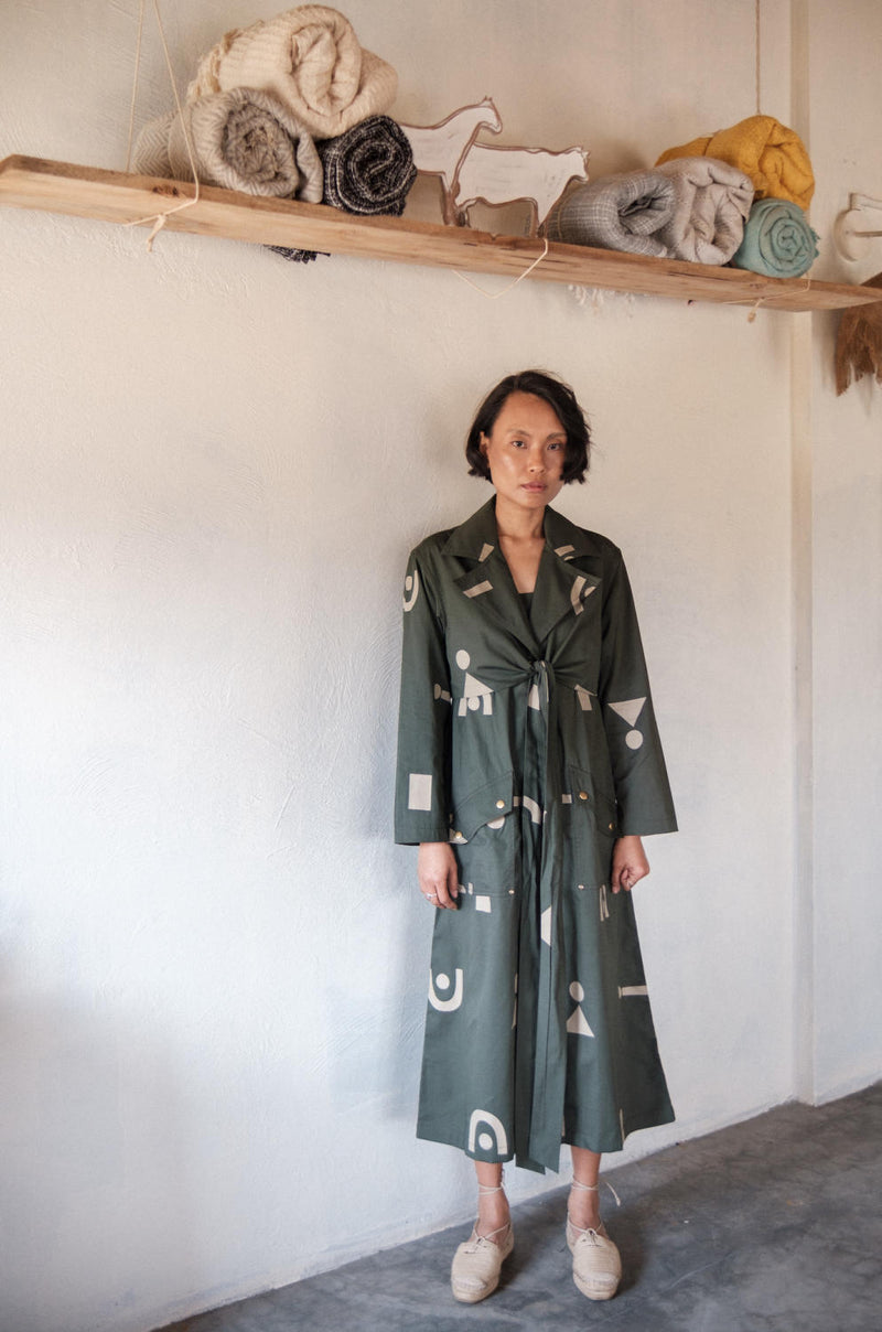 Copenhagen Trench-Deep Green Triangle Printed cotton by The Terra Tribe in green color for women in Singapore