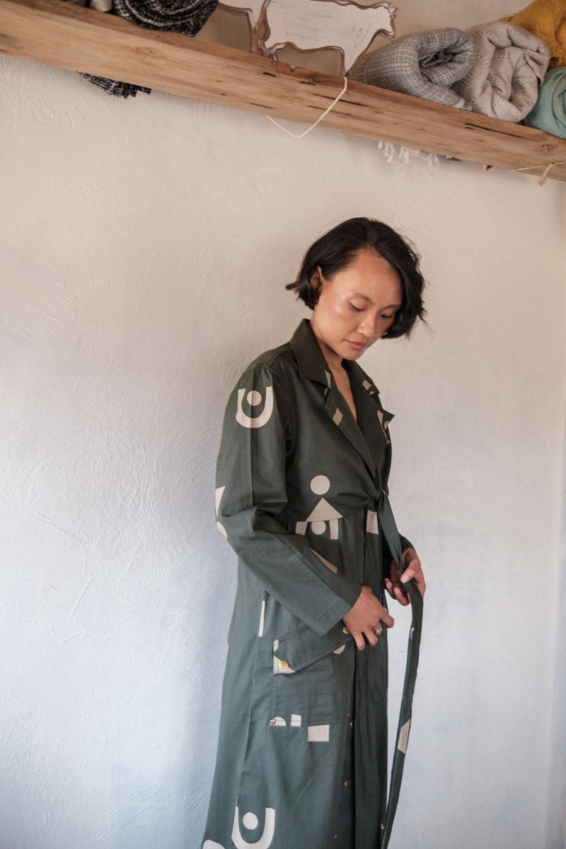 Copenhagen Trench-Deep Green Triangle Printed cotton by The Terra Tribe in green color for women in Singapore