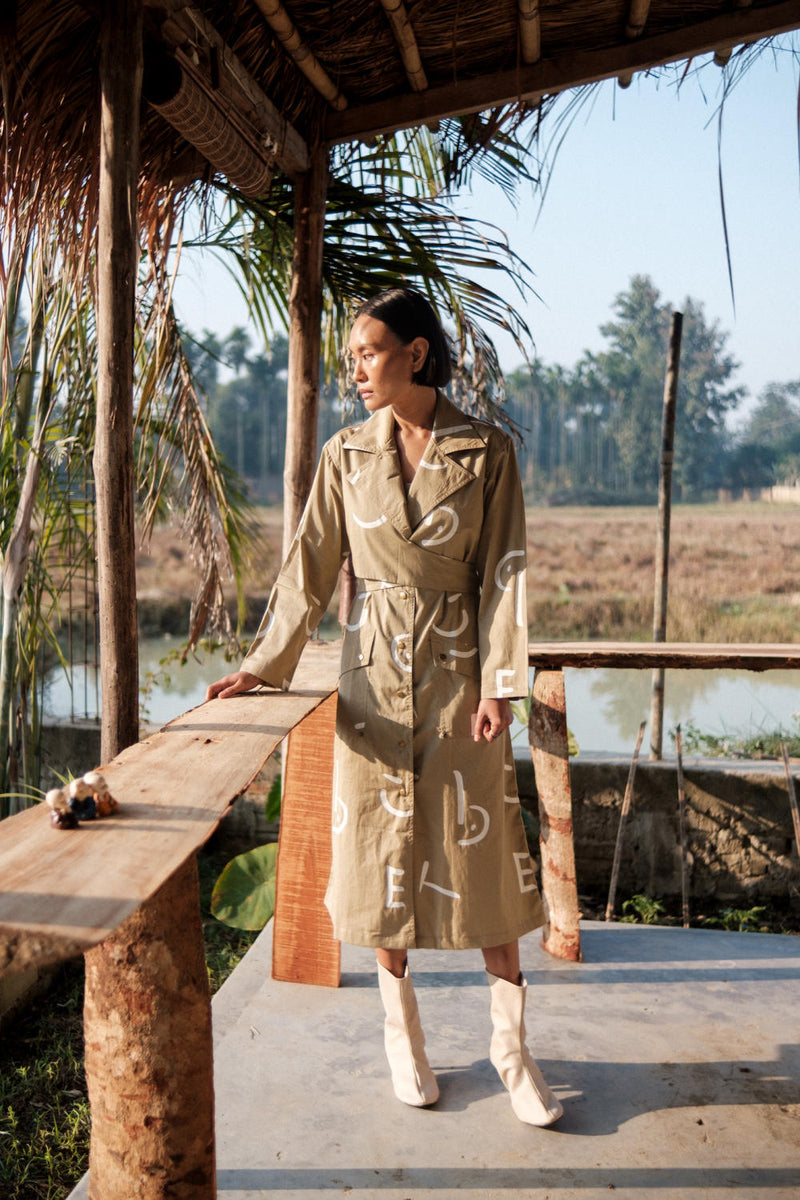Copenhagen Trench-Khaki Line Printed cotton by The Terra Tribe for women in Singapore