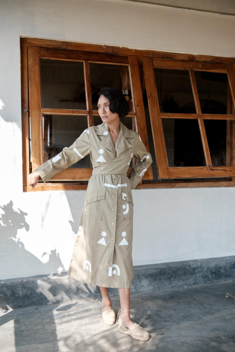 Copenhagen Trench-Khaki Triangle Printed cotton by The Terra Tribe for women in Singapore