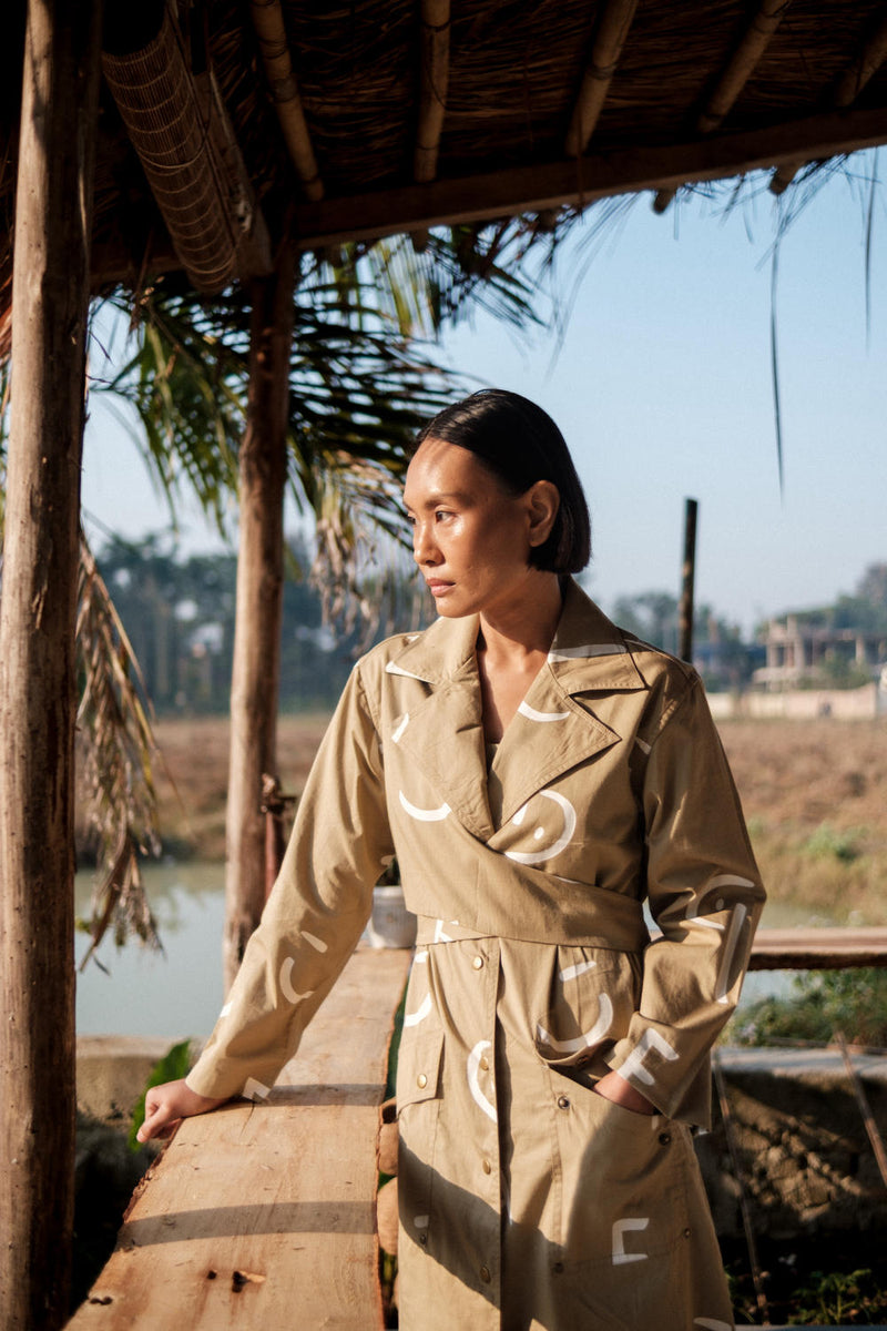 Copenhagen Trench-Khaki Line Printed cotton by The Terra Tribe for women in Singapore