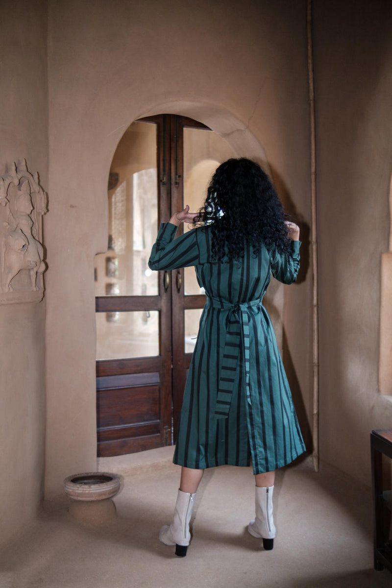 Copenhagen Trench-Deep Green Sripes cotton by The Terra Tribe in green color for women in Singapore