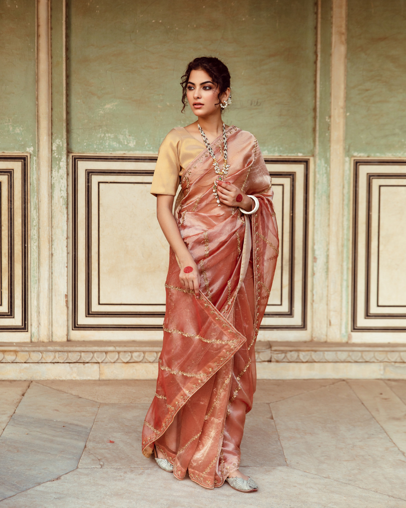 Rust Tissue Silk Embroidered Sari silk Buy Rust Tissue Silk Embroidered Sari from C&W | Saree for Women by Maison Shefali in rust color for women in Singapore