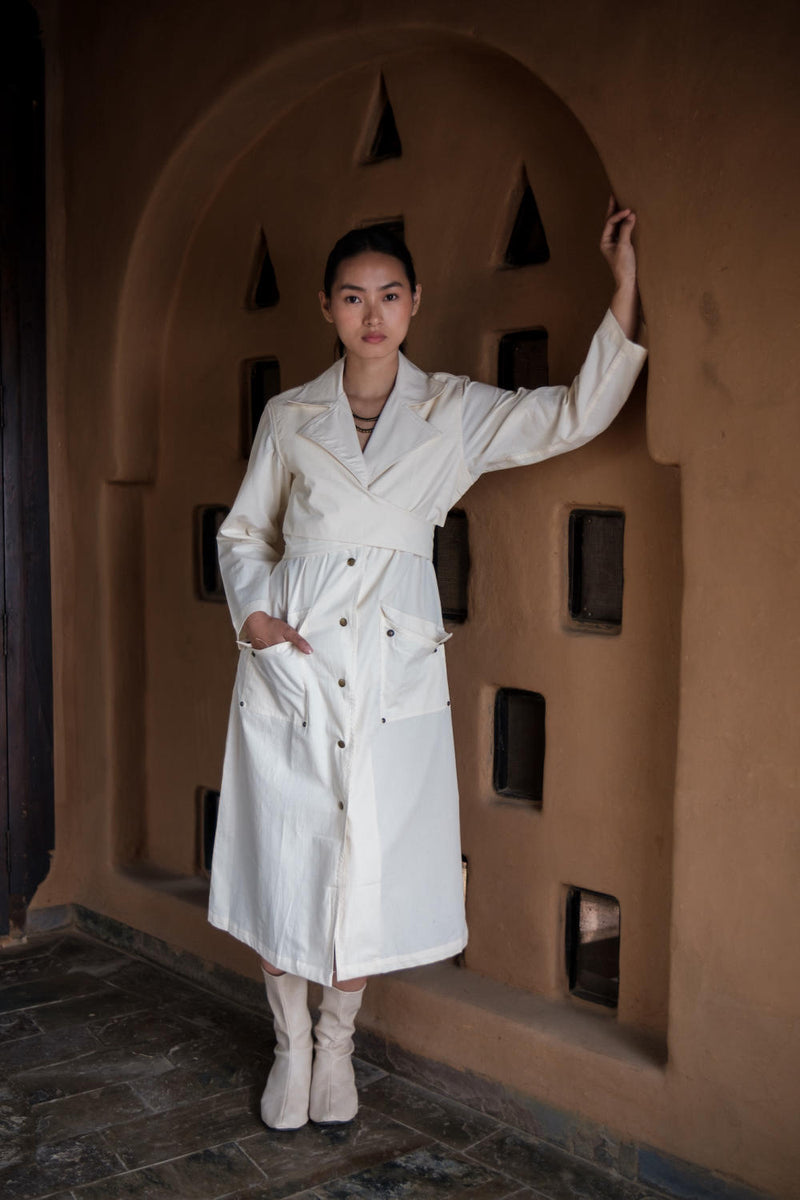 Copenhagen Trench-Ecru cotton by The Terra Tribe in ecru color for women in Singapore