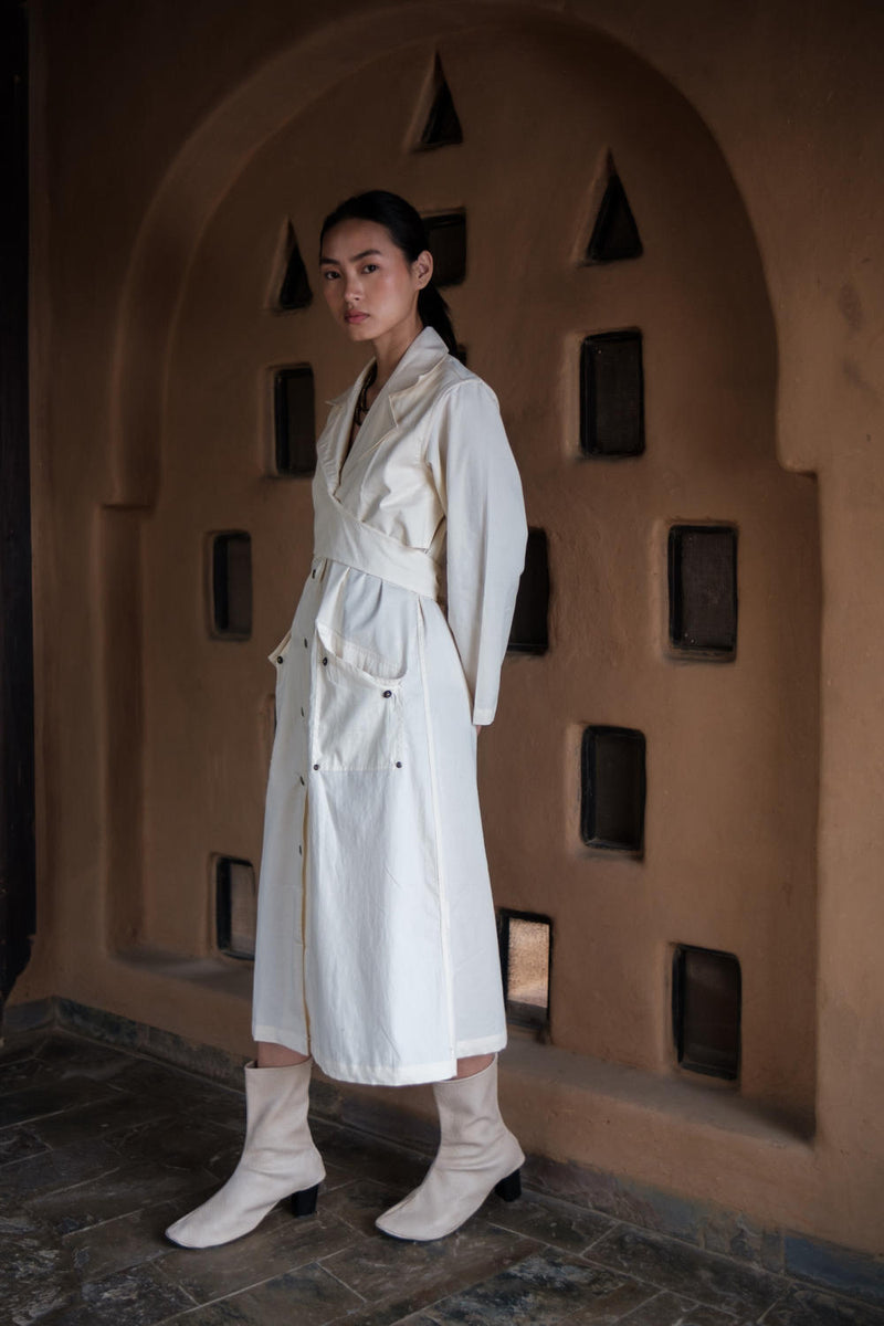 Copenhagen Trench-Ecru cotton by The Terra Tribe in ecru color for women in Singapore