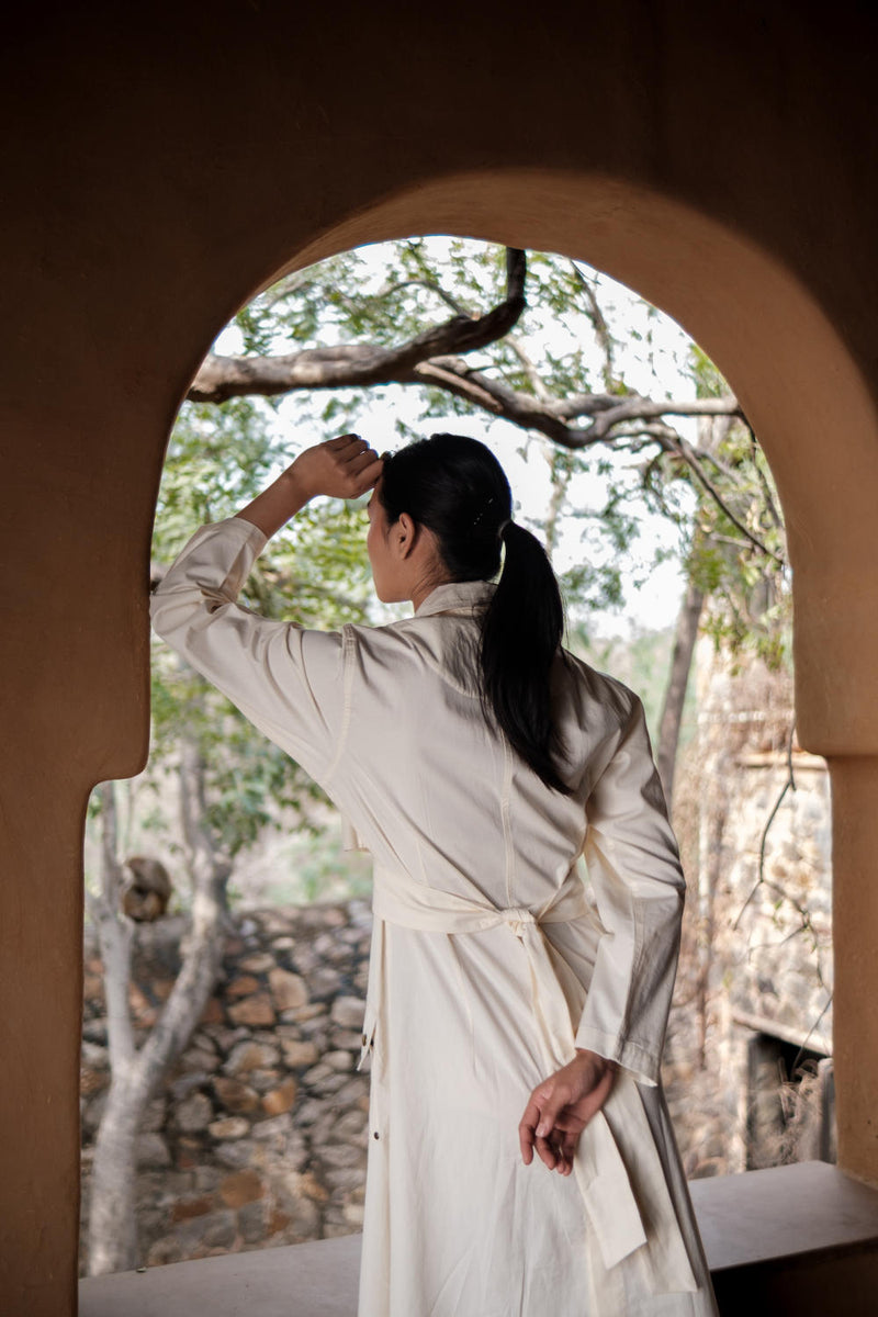 Copenhagen Trench-Ecru cotton by The Terra Tribe in ecru color for women in Singapore