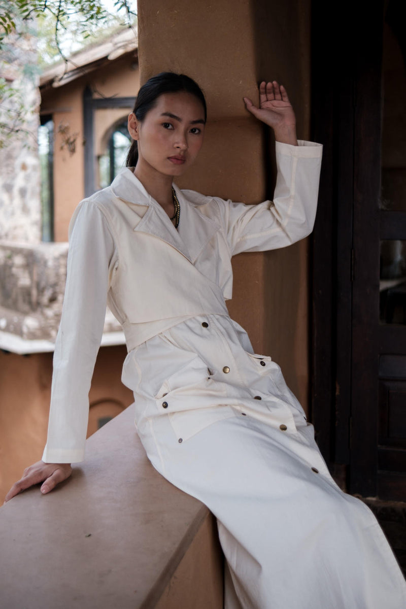 Copenhagen Trench-Ecru cotton by The Terra Tribe in ecru color for women in Singapore