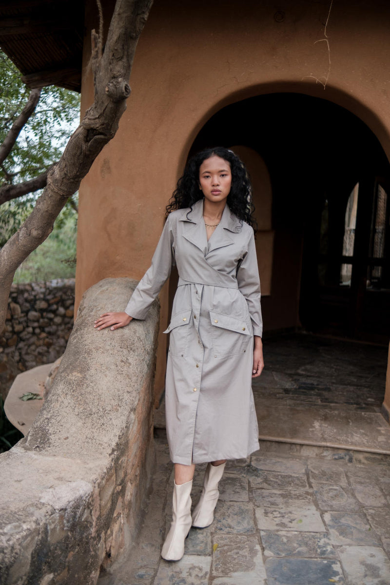 Copenhagen Trench-Grey cotton by The Terra Tribe in grey color for women in Singapore