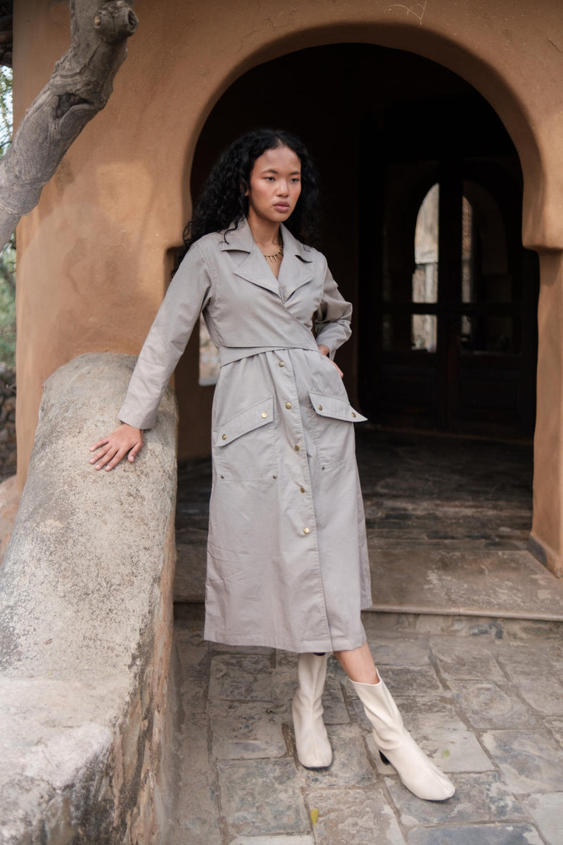 Copenhagen Trench-Grey cotton by The Terra Tribe in grey color for women in Singapore
