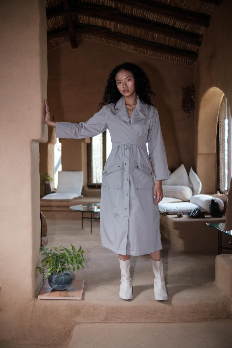 Copenhagen Trench-Grey cotton by The Terra Tribe in grey color for women in Singapore