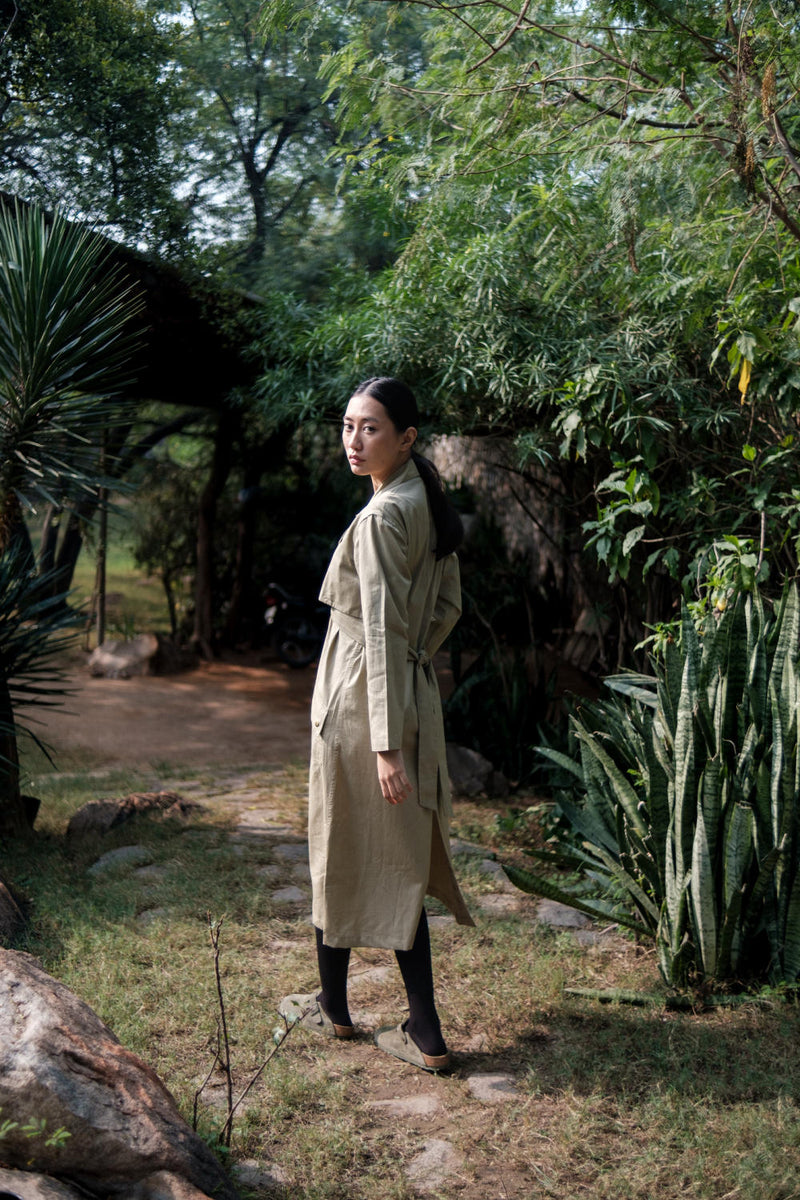Copenhagen Trench-Khaki cotton by The Terra Tribe for women in Singapore