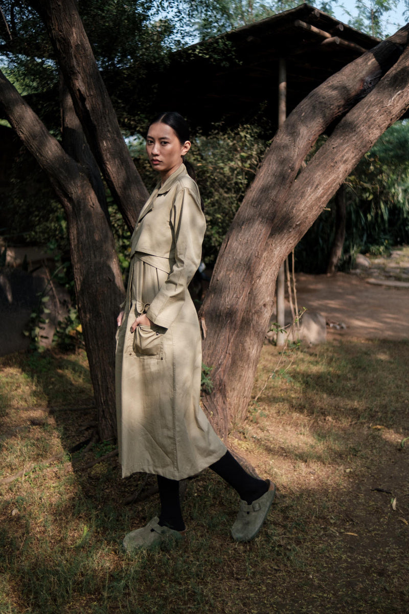 Copenhagen Trench-Khaki cotton by The Terra Tribe for women in Singapore