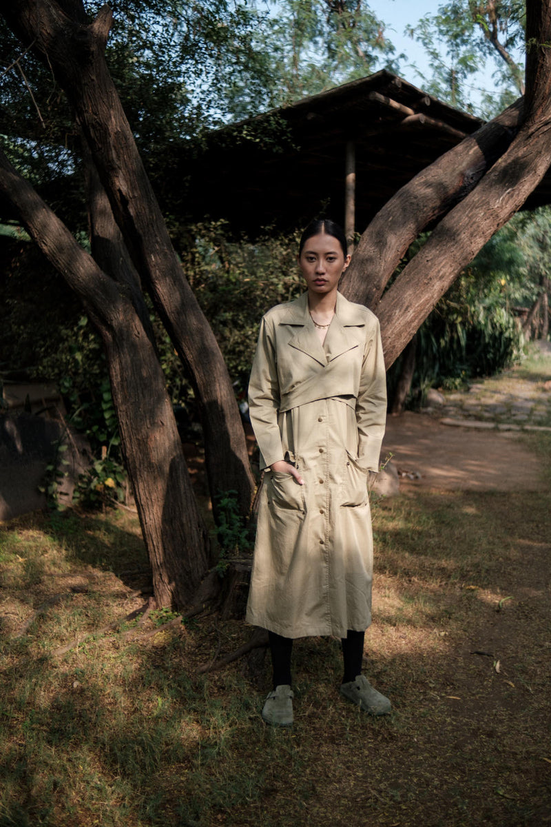 Copenhagen Trench-Khaki cotton by The Terra Tribe for women in Singapore