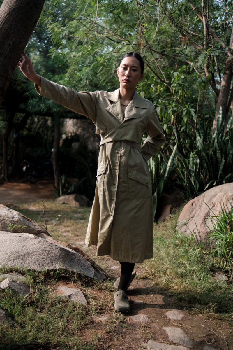 Copenhagen Trench-Khaki cotton by The Terra Tribe for women in Singapore