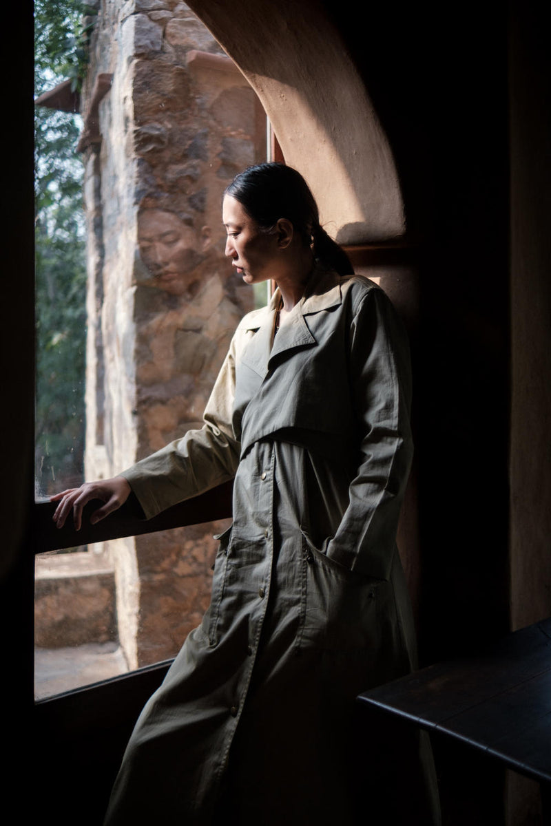 Copenhagen Trench-Khaki cotton by The Terra Tribe for women in Singapore