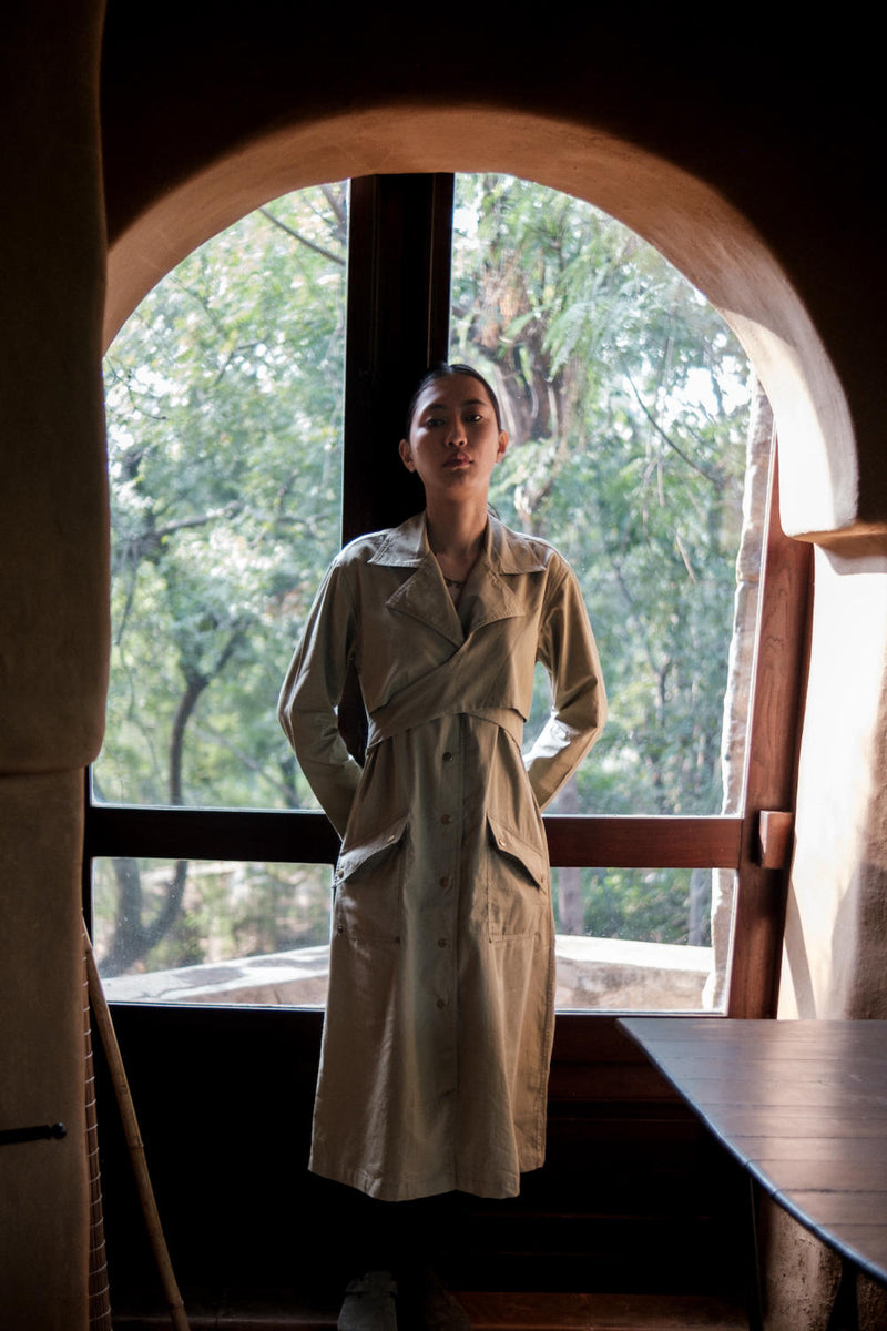 Copenhagen Trench-Khaki cotton by The Terra Tribe for women in Singapore