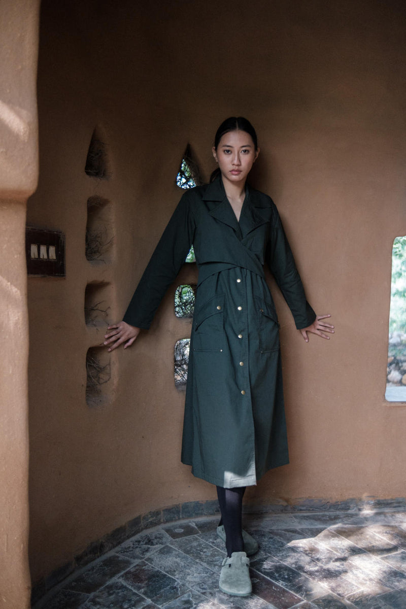 Copenhagen Trench-Deep Green cotton by The Terra Tribe in green color for women in Singapore
