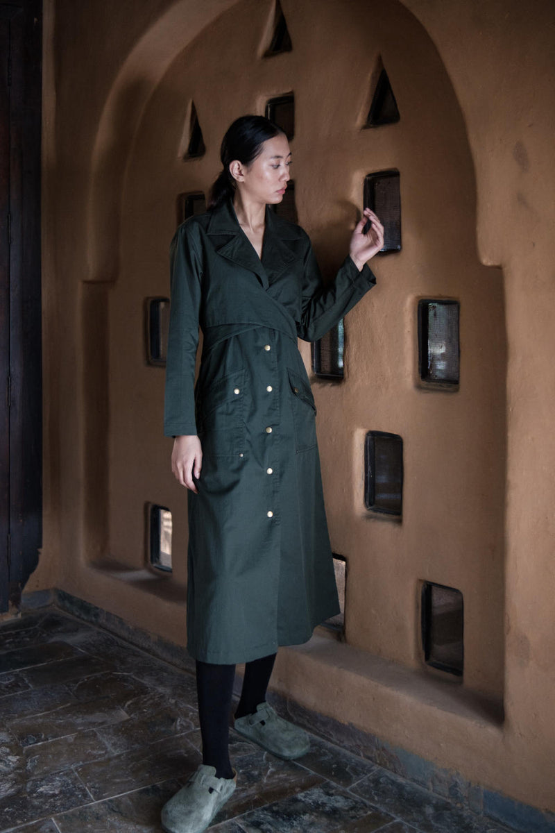 Copenhagen Trench-Deep Green cotton by The Terra Tribe in green color for women in Singapore