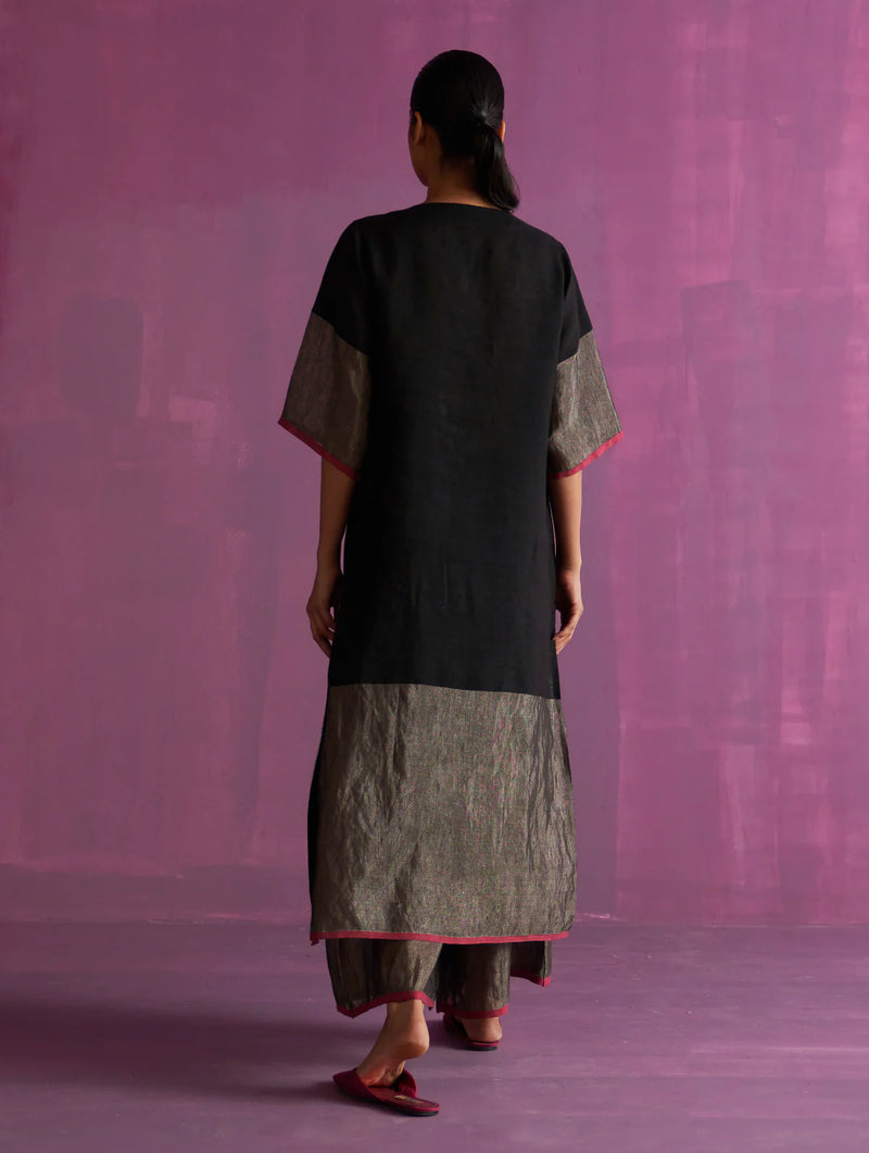 Mato Hand-Embroidered Kurta - Black linen by Manan in black color for women in Singapore