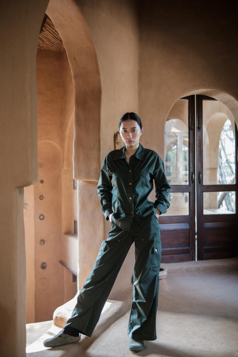 Saigon Parachute Pants-Deep Green cotton by The Terra Tribe in green color for women in Singapore