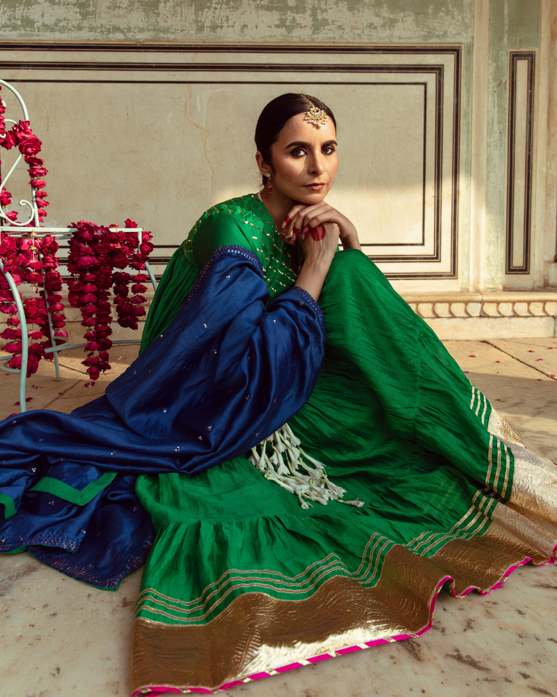 Green & Blue Chanderi Silk Embroidered Tiered Kurta Set silk Buy Green & Blue Chanderi Silk Embroidered Tiered Kurta Set from C&W | Kurta/Kurta Sets for Women by Maison Shefali in multi color for women in Singapore