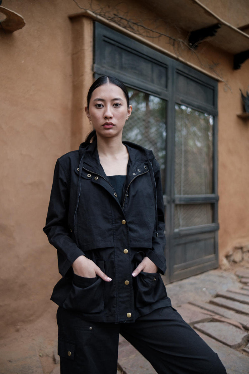 Kyoto Utility Jacket-Black cotton by The Terra Tribe in black color for women in Singapore